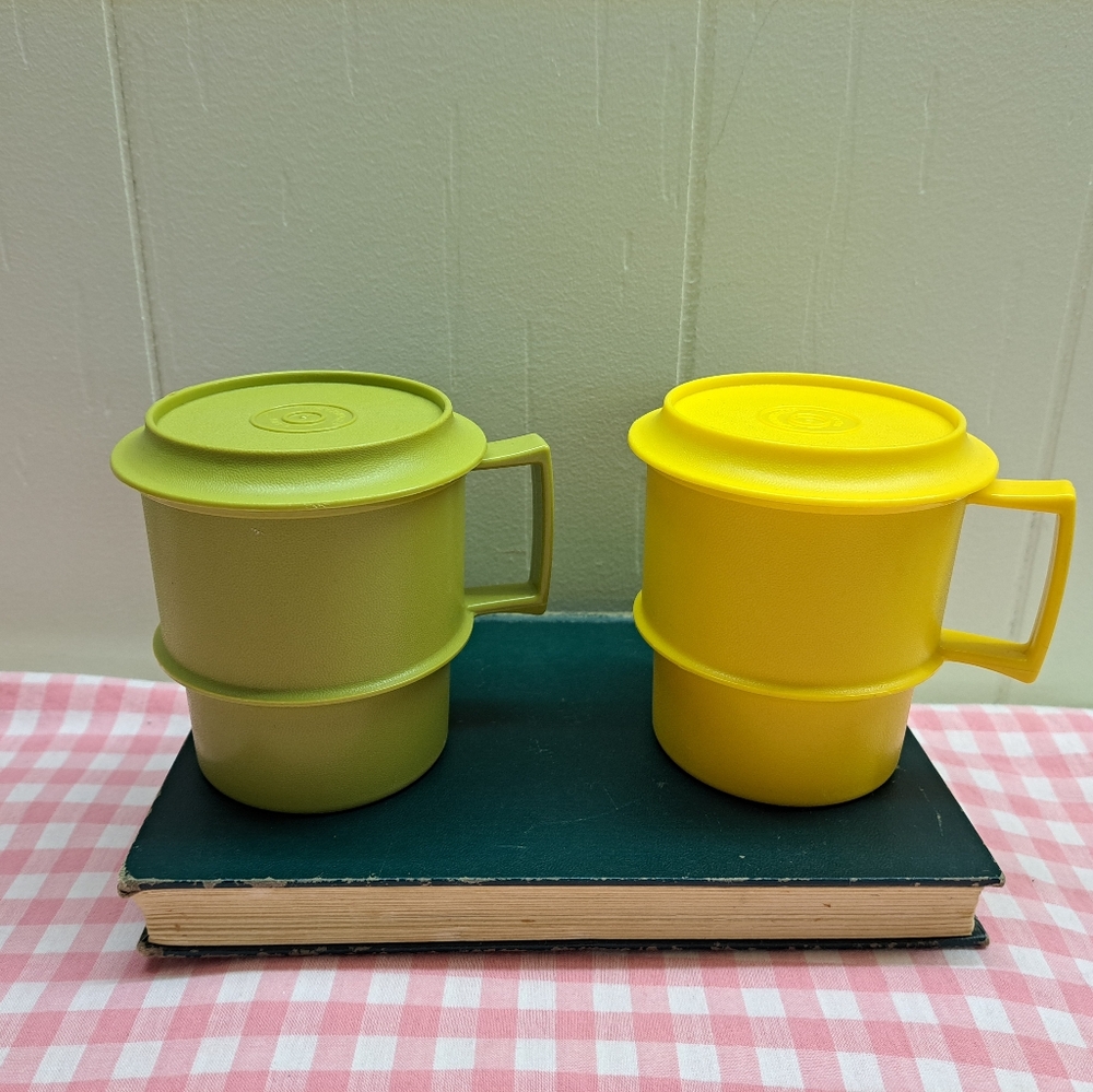 Set of Two Avocado and Yellow Stackable Vintage Tupperware Mugs With Lids